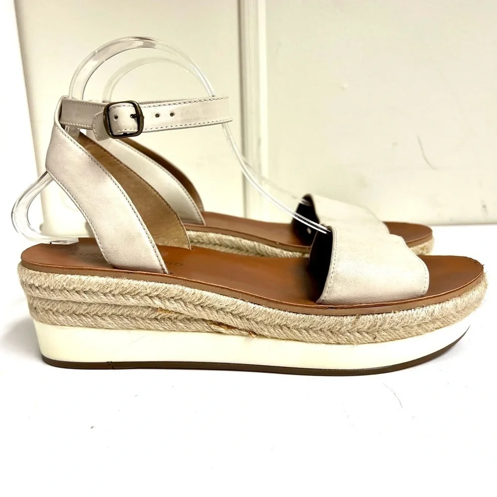 Lucky Brand Jeneka Espadrille Platform Sandals Ivory Leather 9.5 ankle straps.